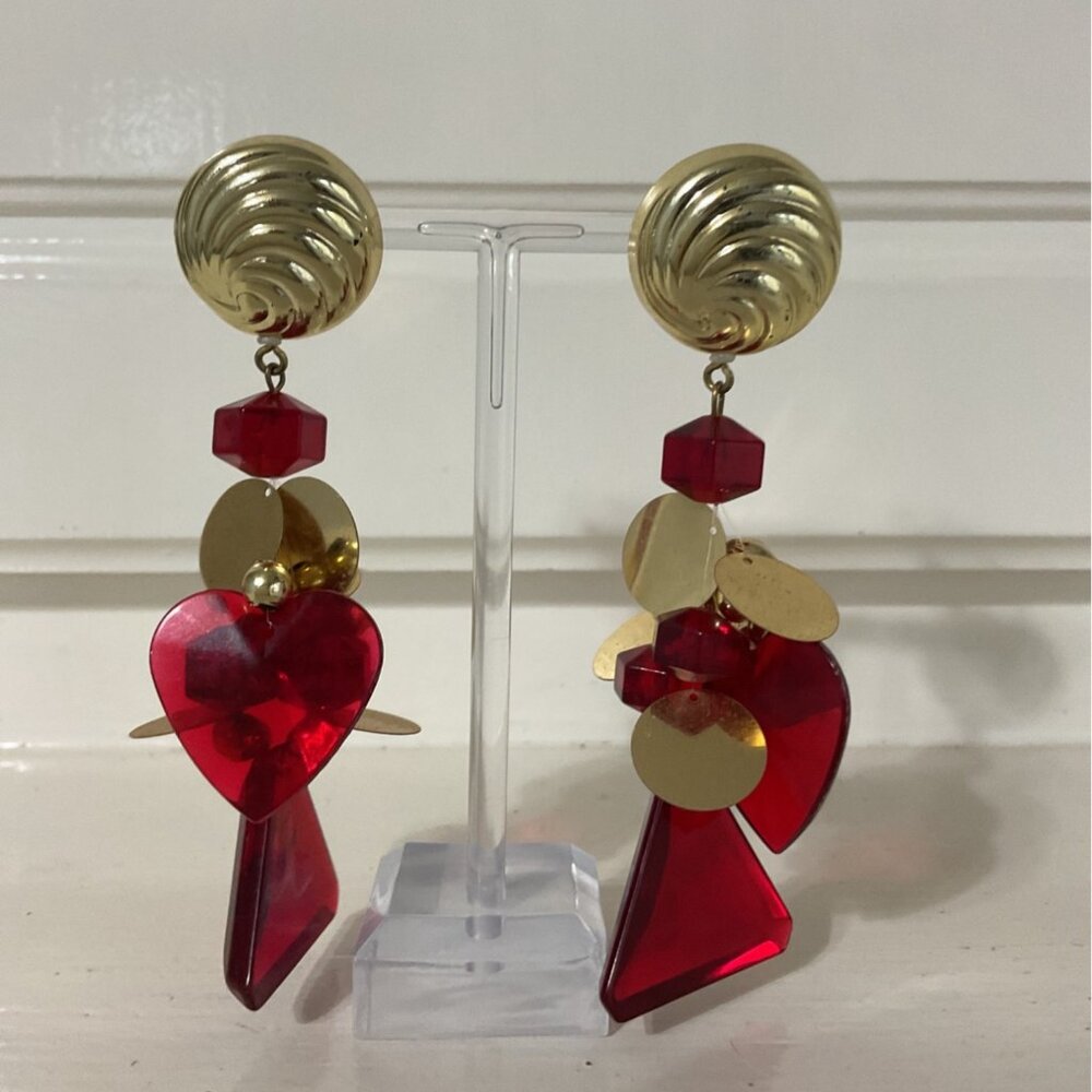 Red and Gold Geometric Heart Large Dangle Drop Earrings